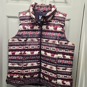 Lands' End Down Puffer Vest Purple Bears/Elks Snowflake Women's Size LG 14-16